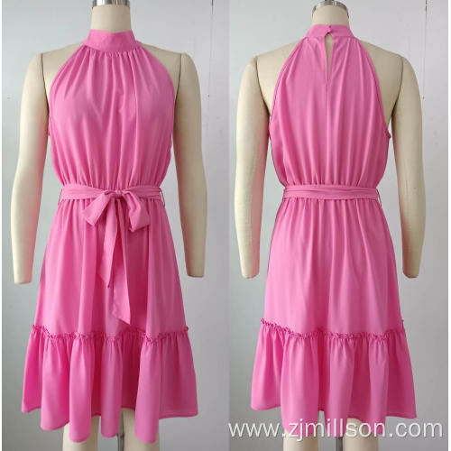 Woven Pink Sleeveless Belt Ruffles Dress